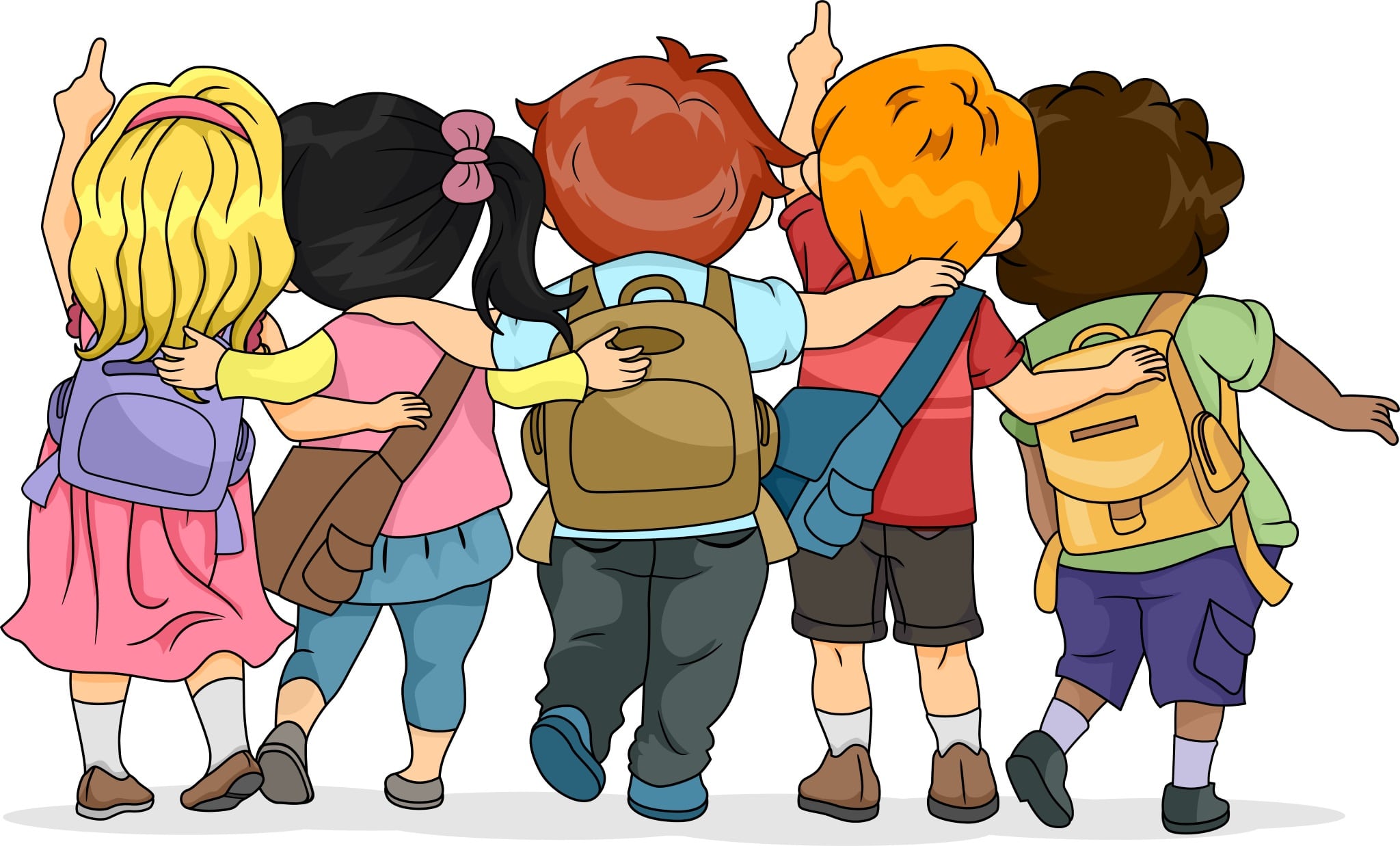 Мультяшная группа детей с рюкзаками