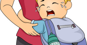Cartoon child ready for school but hugging mother and crying