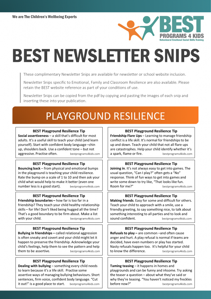 BEST Newsletter Snips; Playground Resilience – BEST Programs 4 Kids